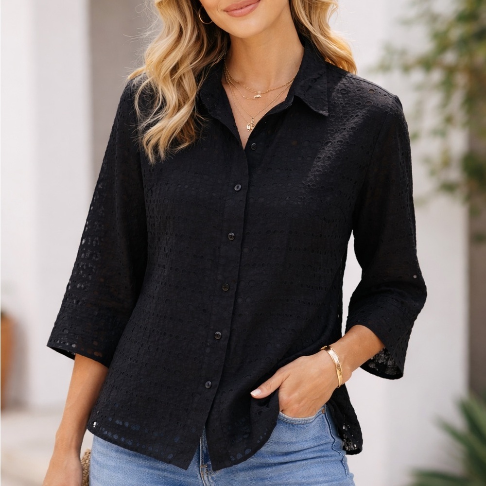 Christopher & Banks Black Eyelet Button-Down Shirt